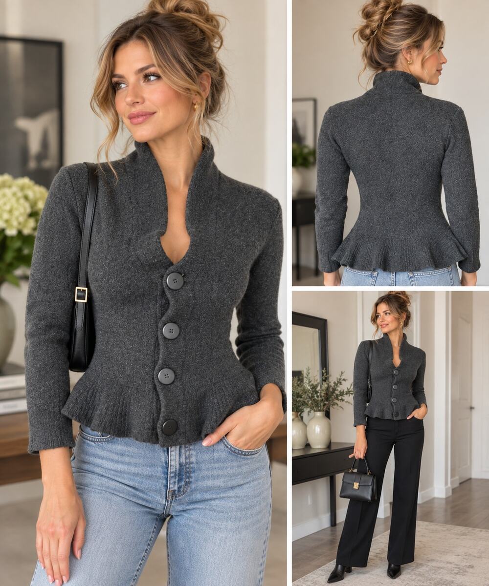 Allbirds Merino Wool Ruffle Peplum Cardigan Black Shrunk Y2K Goth L